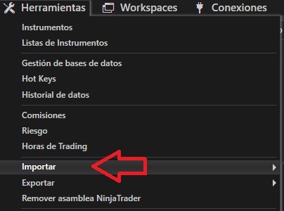 Submenú Importar en NinjaTrader 8