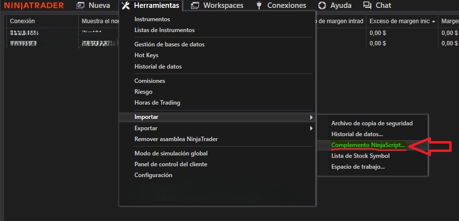 Opción Complemento NinjaScript en NinjaTrader 8