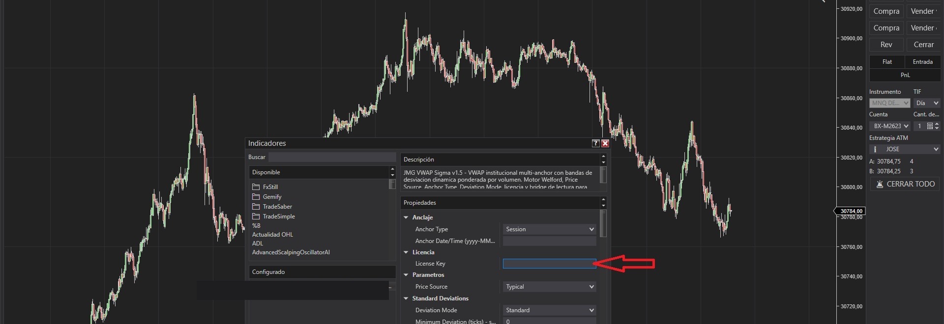 Campo License Key en las propiedades del indicador